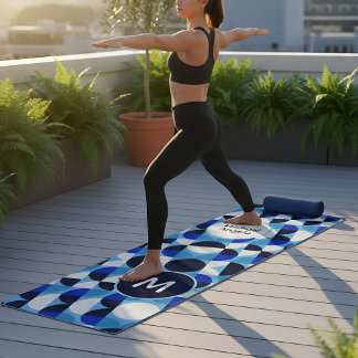 Tapis De Yoga Modern Blue Geometric Bauhaus Monogram Custom Nam