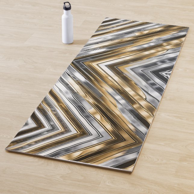Tapis De Yoga Moderne, cool, chic, motif rayure argent et or (En situation)