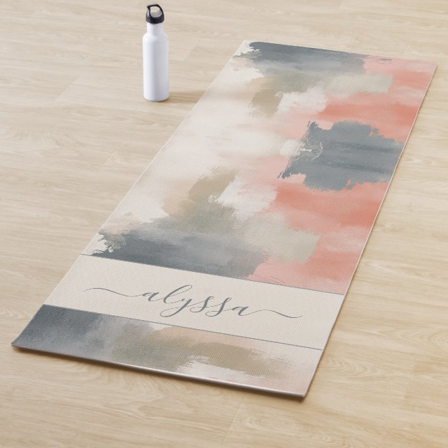 Tapis De Yoga Moderne Pastel Neutre Aquarelle Abstraite Monogram (En situation)
