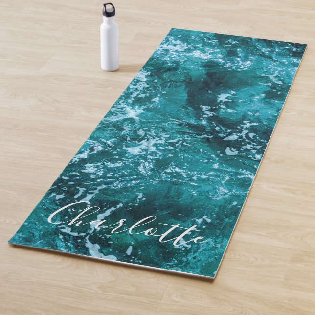 Tapis De Yoga Moderne Turquoise Ocean Waves Personnalisé (En situation)