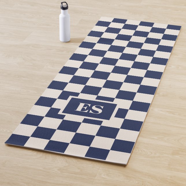 Tapis De Yoga Monogram Navy Blue Cream Checkered Pattern (En situation)