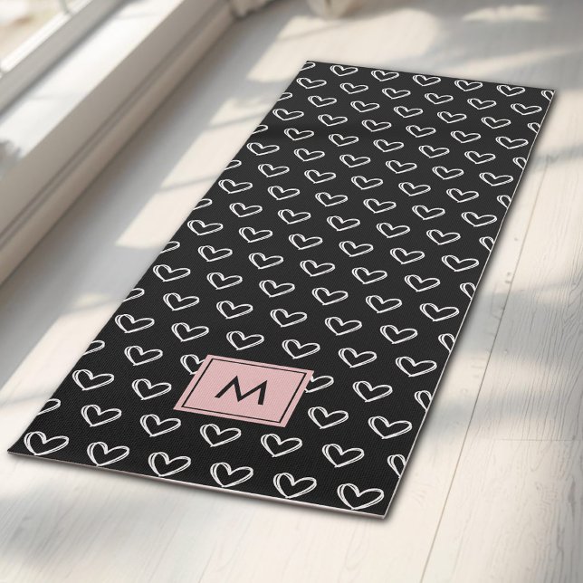 Tapis De Yoga Monogram Pink and Black Heart Pattern  (Créateur téléchargé)