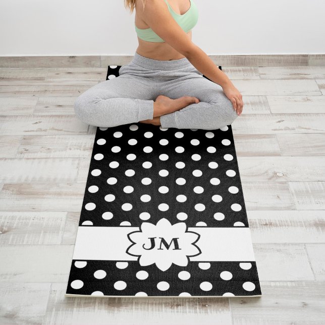 Tapis De Yoga Monogramme à points polka noirs et blancs (Créateur téléchargé)