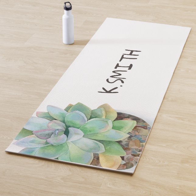 Tapis De Yoga Monogramme. Aquarelle Tirée Main Moderne Succulent (En situation)