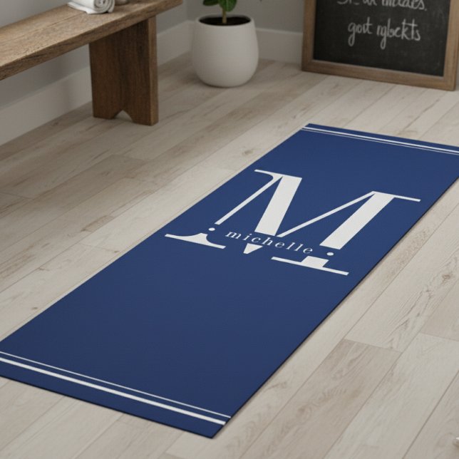 Tapis De Yoga Monogramme bleu et blanc minimal de la marine (Créateur téléchargé)