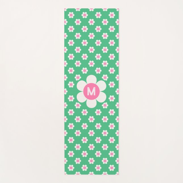 Tapis De Yoga Monogramme Custom Retro Daisis rose et vert (Devant)