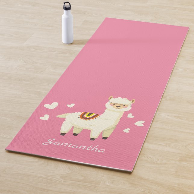 Tapis De Yoga Monogramme Cute Funny Alpaca Llama en rose (En situation)