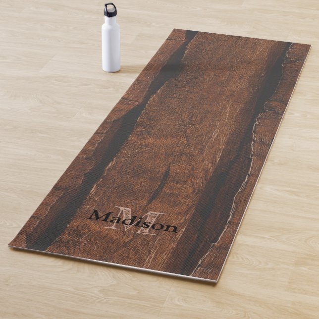 Tapis De Yoga Monogramme de bois ancien brun foncé rustique (En situation)