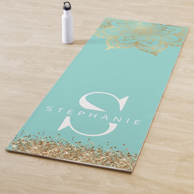Tapis De Yoga Monogramme de mandala zen turquoise (En situation)