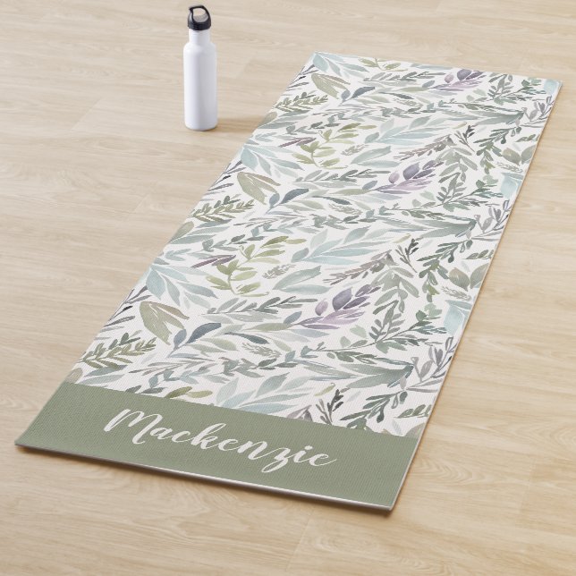 Tapis De Yoga Monogramme de nom aquarelle botanique bleu vert (En situation)