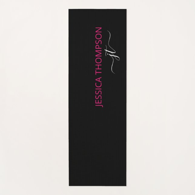 Tapis De Yoga Monogramme de nom de script simple rose noir moder (Devant)