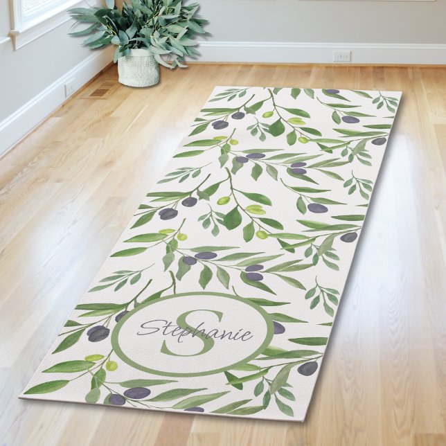 Tapis De Yoga Monogramme de nom motif olive aquarelle (Créateur téléchargé)
