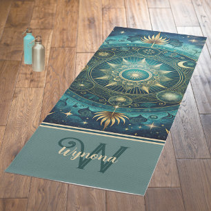 Tapis De Yoga Monogramme d'or Turquoise de la galaxie de Mandala