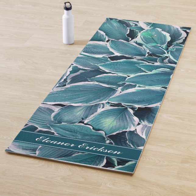 Tapis De Yoga Monogramme Feuille turquoise et blanc (En situation)