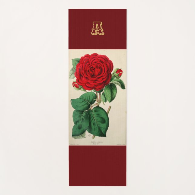 Tapis De Yoga Monogramme Fleur de rose rouge Fleur de fleurs Art (Devant)