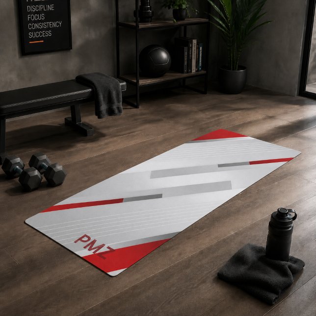 Tapis De Yoga Monogramme géométrique gris rouge moderne (Créateur téléchargé)