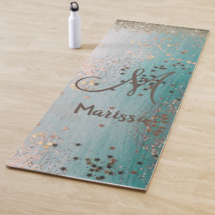 Tapis De Yoga Monogramme Gold Stars sur Turquoise