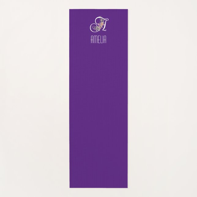 Tapis De Yoga Monogramme initiale fleur aquarelle violet (Devant)