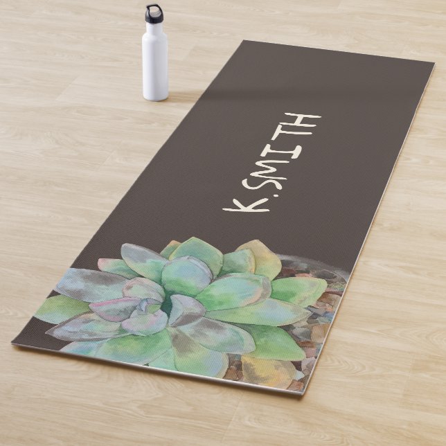 Tapis De Yoga Monogramme Moderne Main Tirée Aquarelle Succulente (En situation)