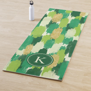 Tapis De Yoga Monogramme Motif Abstrait de brosses d'or vert
