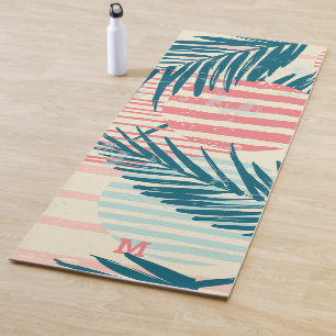 Tapis De Yoga Monogramme Motif de palme tropicale moderne Grun
