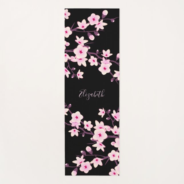 Tapis De Yoga Monogramme noir rose Fleur de cerisier (Devant)