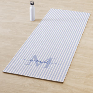 Tapis De Yoga Monogramme Nom Rayures Bleues & Blanches