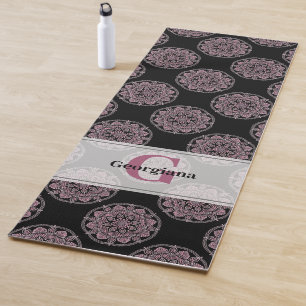 Tapis De Yoga Monogramme Pink Floral Fronds Polka Dot Mandala