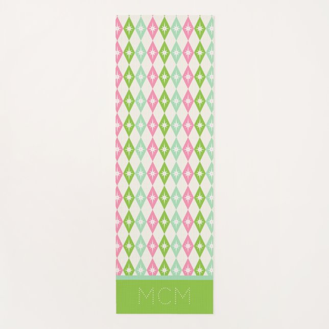 Tapis De Yoga Monogramme Retro Diamants de Noël rose et vert (Devant)