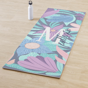 Tapis De Yoga Monogramme turquoise bleu rose floral