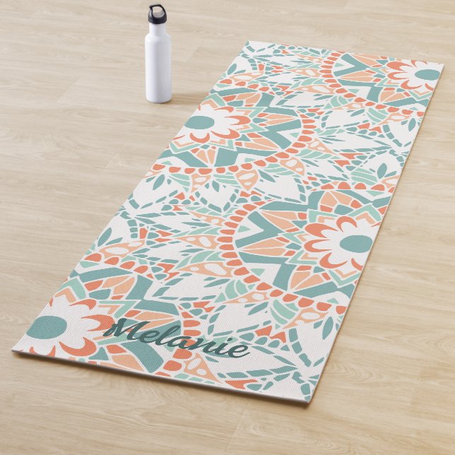 Tapis De Yoga Monogramme Turquoise Mandala Peach (En situation)