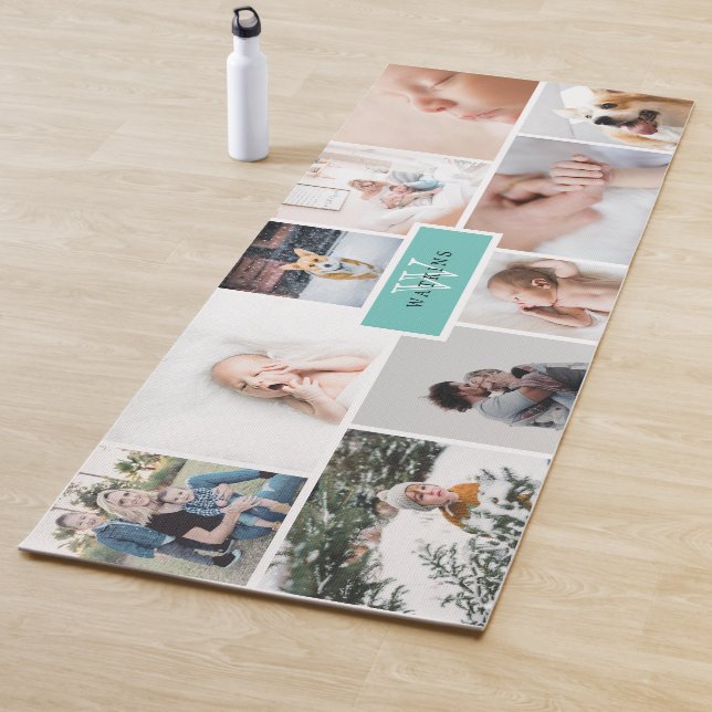 Tapis De Yoga Monogramme Turquoise sur une face Famille Collage  (En situation)