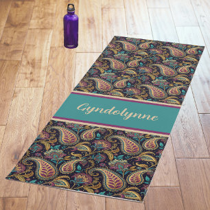 Tapis De Yoga Monogramme violet sarcelle noir motif Paisley vint