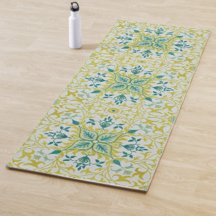 Tapis De Yoga Morris Jaune Turquoise Motif de Vigne et de Fleur