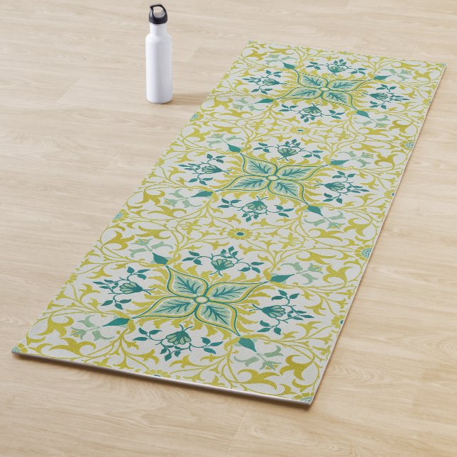 Tapis De Yoga Morris Yellow Turquoise Vine & Flower Pattern (En situation)