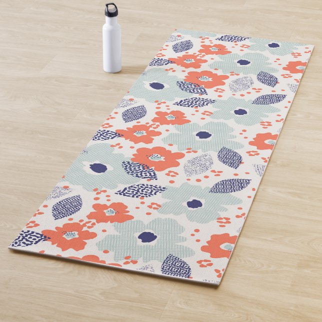 Tapis De Yoga Motif à fleurs moderne orange et bleu (En situation)