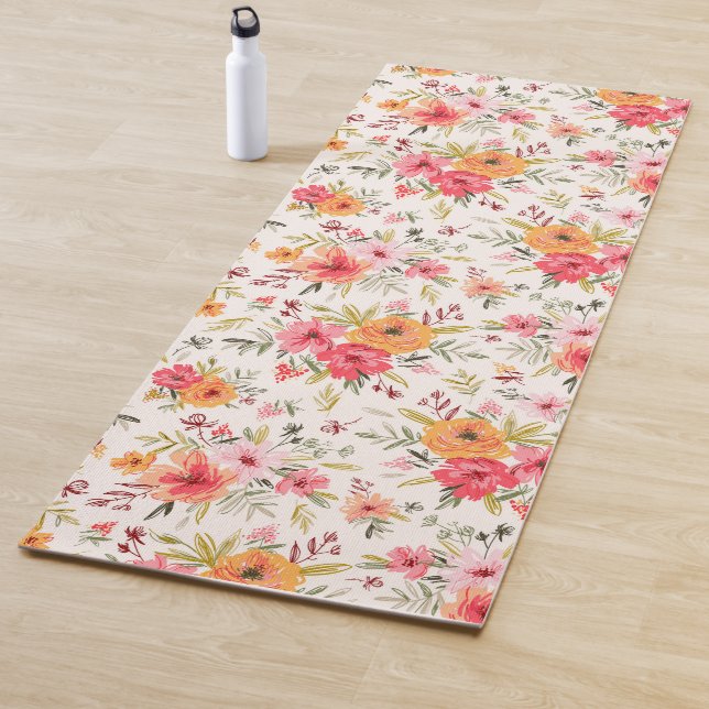 Tapis De Yoga Motif à fleurs Orange Doodle Garden (En situation)