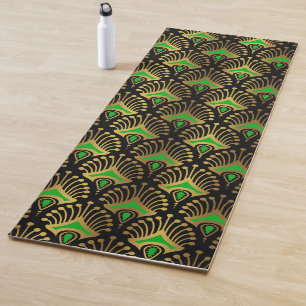 Tapis De Yoga Motif Art déco or et vert sur noir