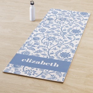 Tapis De Yoga Motif botanique floral blanc bleu avec nom personn