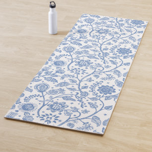 Tapis De Yoga Motif botanique floral blanc bleu Bohème Fantaisis