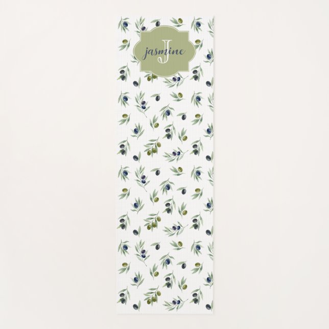 Tapis De Yoga Motif chic aquarelle Monogramme Nom Vert olive (Devant)