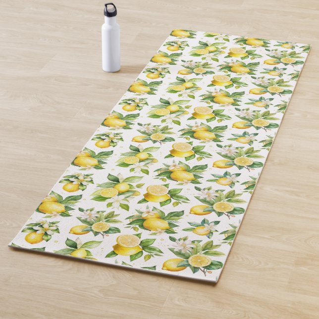 Tapis De Yoga Motif citron, Fleurs de citron, Feuilles, Citrus (En situation)