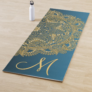 Tapis De Yoga Motif d'art Mandala Gold personnalisé sur le bleu 