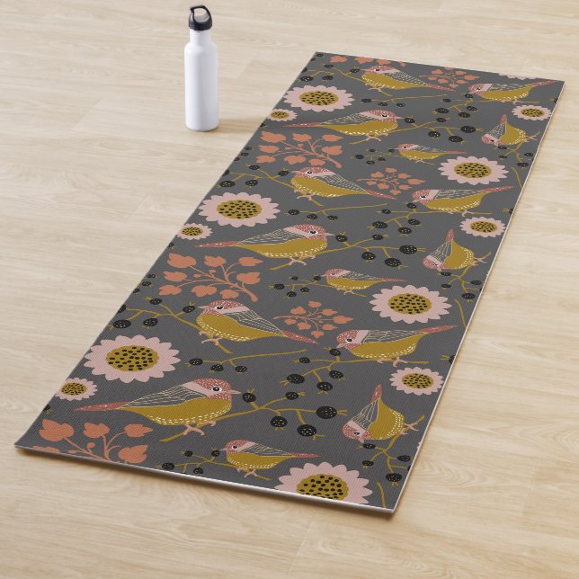 Tapis De Yoga Motif de fleurs de baies noires roses de poulet (En situation)