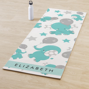 Tapis De Yoga Motif Des Eléphants Bleus, Étoiles, Votre Nom