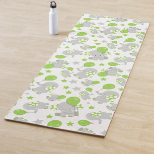 Tapis De Yoga Motif Des Eléphants, Eléphants Mignons - Grey Vert