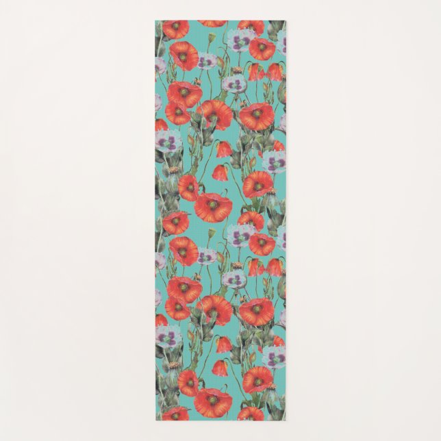 Tapis De Yoga Motif des Poppies rouges et aqua (Devant)