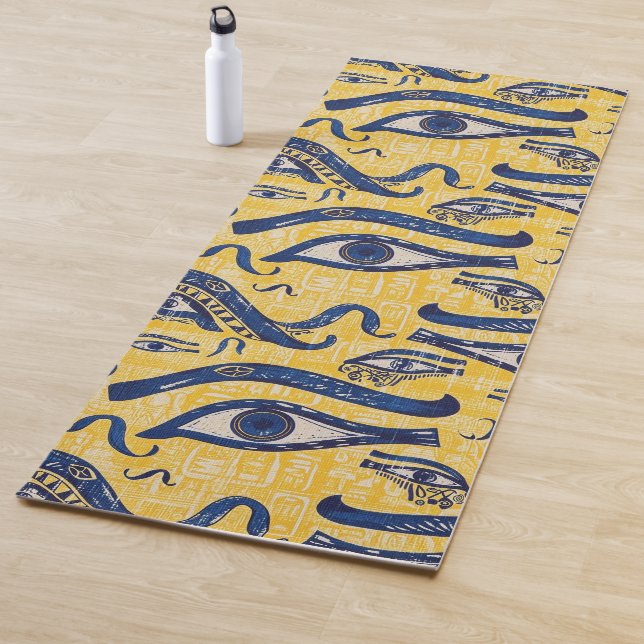Tapis De Yoga Motif égyptien jaune et bleu - Oeil de Horus (En situation)