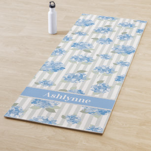 Tapis De Yoga Motif élégant d'hortensia bleu avec rayure grise n