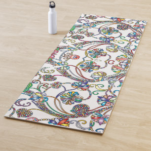 Tapis De Yoga Motif Floral antique multicolore sur blanc
